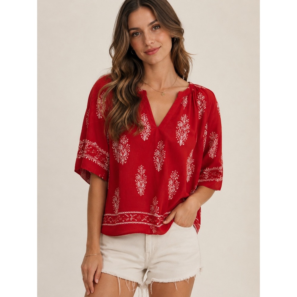 Niloine Red White Floral Print Tunic Top Split V-Neck Kimono Sleeve Women L